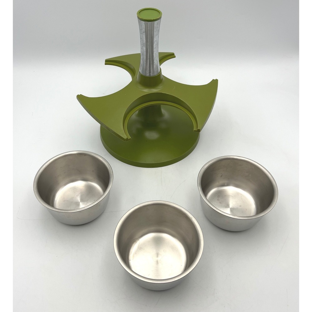Vintage Spinning Condiment Server Avocado Green MCM Stainless Steel Bowls 3-Tier